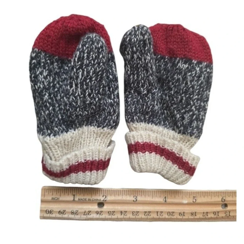 Roots Canada Baby Toddler Mittens Knit Gray Red Winter Outdoor Ski Sledding
